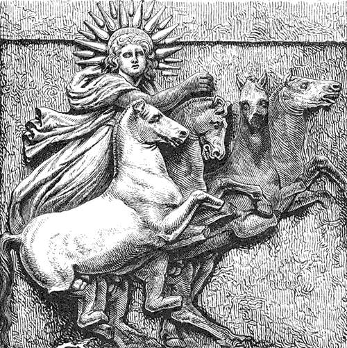 A stone stela depicting the god Apollo on four horses, from Troy and Its Remains by Heinrich Schliemann, published by Symbolon Press